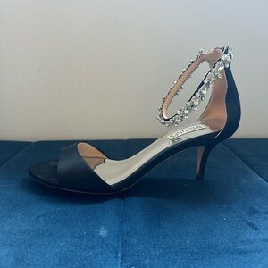 Badgley Mischka Black Satin & Rhinestone Sandals, Size 8